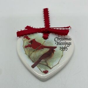 Christmas Blessings 1995 Cardinals Porcelain Heart Ornament - 3”